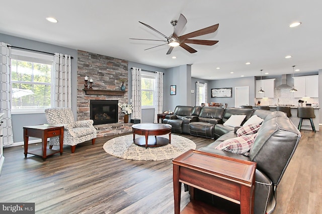 108 Chimney Swift Rd, Fredericksburg, VA 22406 - living area with a ceiling fan, recessed lighting, a stone fireplace, and wood finished floors