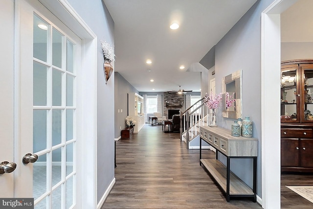 108 Chimney Swift Rd, Fredericksburg, VA 22406 - hallway with recessed lighting, baseboards, wood finished floors, and stairway