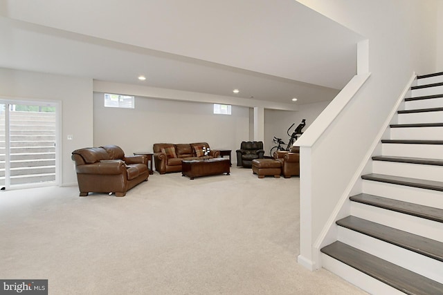 108 Chimney Swift Rd, Fredericksburg, VA 22406 - living area featuring carpet floors, stairs, and a healthy amount of sunlight