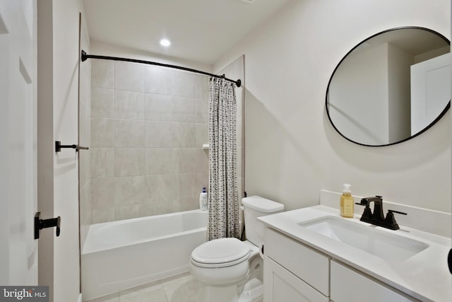 14030 Sunrise Valley Dr, Herndon, VA 20171 - full bathroom with recessed lighting, tile patterned floors, shower / bathtub combination with curtain, toilet, and vanity