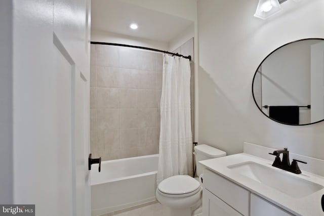 14030 Sunrise Valley Dr, Herndon, VA 20171 - bathroom featuring recessed lighting, tile patterned flooring, shower / bath combo with shower curtain, toilet, and vanity