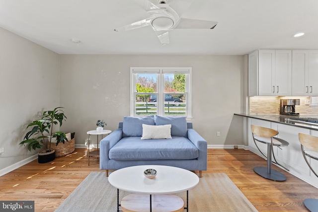 610 Valley Brook Dr, Silver Spring, MD 20904 - living room featuring recessed lighting, baseboards, ceiling fan, and light wood finished floors