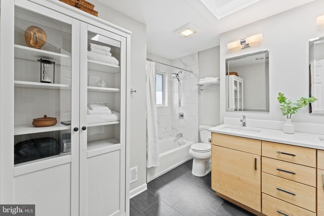 610 Valley Brook Dr, Silver Spring, MD 20904 - bathroom featuring vanity, shower / tub combo with curtain, visible vents, and toilet