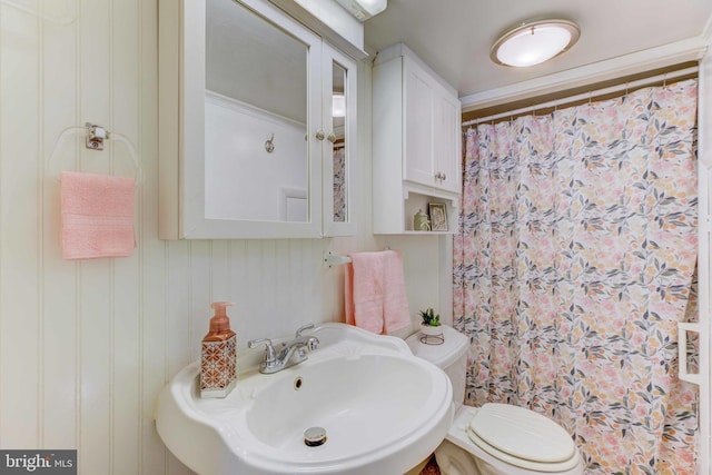 bathroom featuring a sink, toilet, and curtained shower