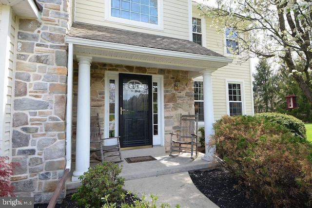 2350 Josie Ln, Harleysville, PA 19438 - entrance to property featuring roof with shingles and stone siding