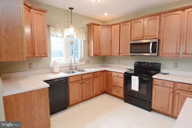 2350 Josie Ln, Harleysville, PA 19438 - kitchen featuring pendant lighting, a sink, light countertops, black appliances, and an inviting chandelier