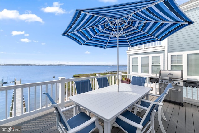 29710 Seagrass Ct, Dagsboro, DE 19939 - wooden terrace with grilling area, a water view, and outdoor dining space