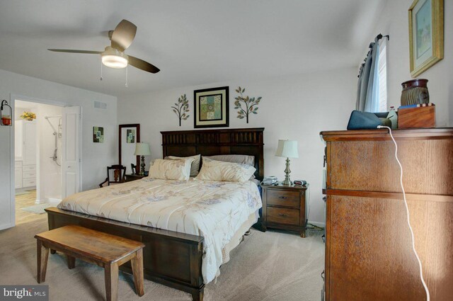 230 Meadowcreek Dr N, Chambersburg, PA 17202 - bedroom featuring ceiling fan, light carpet, ensuite bath, and visible vents