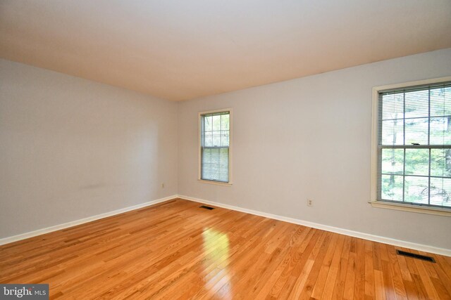 empty room featuring baseboards, a wealth of natural light, and light wood finished floors