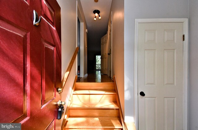stairway featuring baseboards and wood finished floors