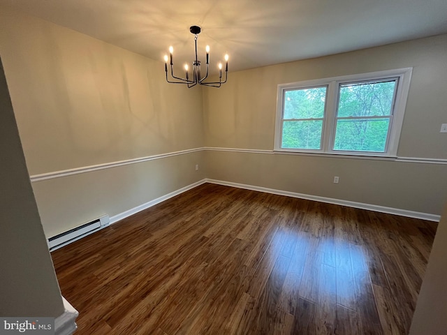 28 Wenner Dr, Brunswick, MD 21716 - empty room with baseboards, a baseboard radiator, dark wood-style floors, and a notable chandelier