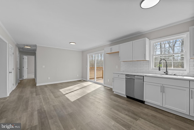 kitchen with stainless steel dishwasher, crown molding, and a sink