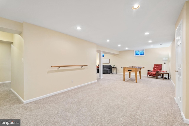 rec room with recessed lighting, carpet, and baseboards