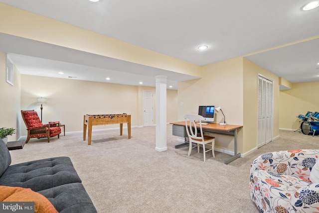living room featuring recessed lighting, carpet flooring, and baseboards