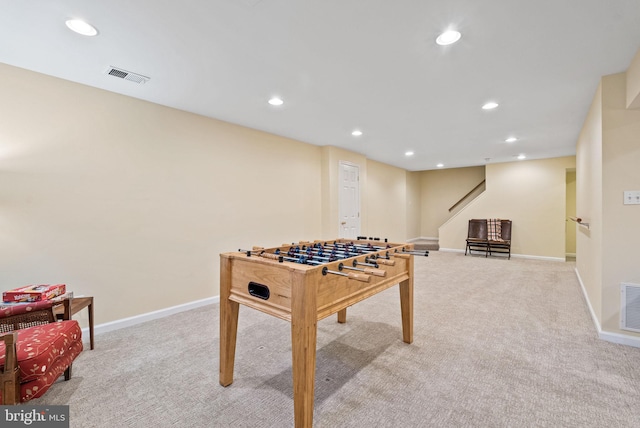 recreation room featuring carpet floors, baseboards, recessed lighting, and visible vents