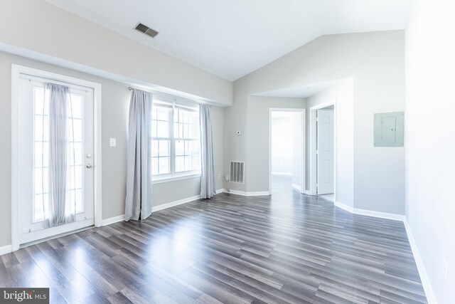 645 Constellation Sq SE Unit L, Leesburg, VA 20175 - unfurnished living room featuring visible vents, dark wood finished floors, lofted ceiling, and electric panel