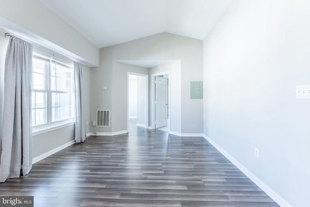 645 Constellation Sq SE Unit L, Leesburg, VA 20175 - empty room featuring electric panel, vaulted ceiling, dark wood-style floors, and visible vents