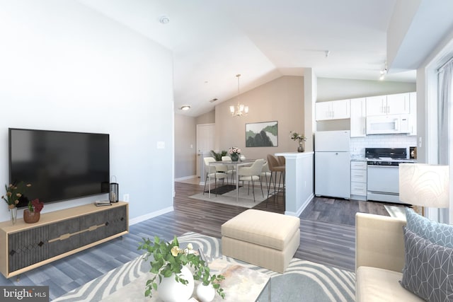 645 Constellation Sq SE Unit L, Leesburg, VA 20175 - living area with baseboards, dark wood finished floors, a notable chandelier, and vaulted ceiling