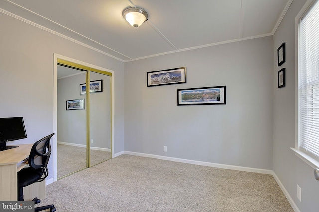 unfurnished office with ornamental molding, carpet, and plenty of natural light