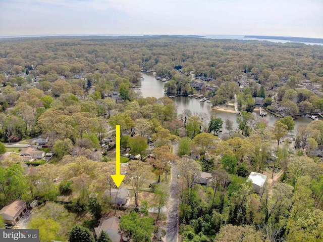 birds eye view of property with a forest view and a water view