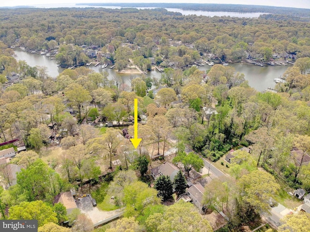 bird's eye view featuring a wooded view and a water view