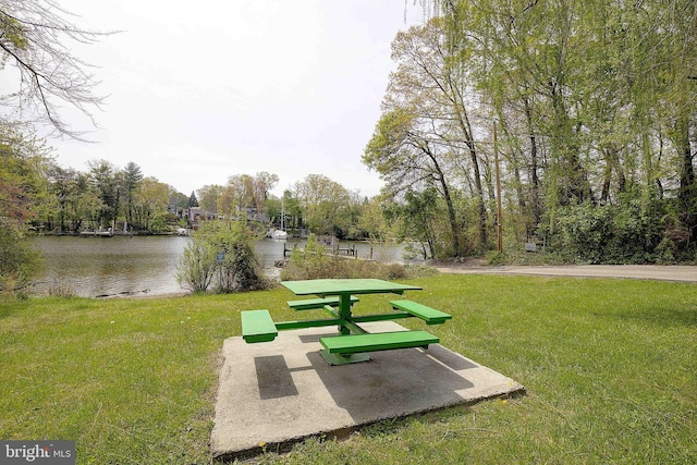 view of community featuring a yard and a water view