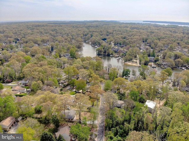 birds eye view of property with a water view and a wooded view