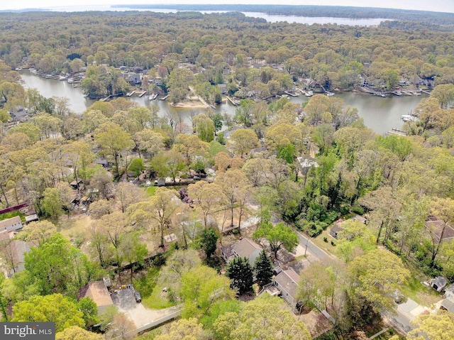birds eye view of property featuring a water view and a view of trees