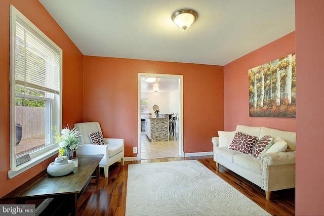 living area featuring baseboards and wood finished floors