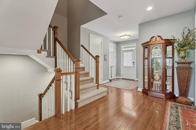 6179 Creekside Dr, Flourtown, PA 19031 - foyer with recessed lighting, stairs, hardwood / wood-style flooring, and baseboards