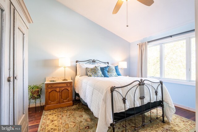 3734 1st Ave, Edgewater, MD 21037 - bedroom with a ceiling fan, high vaulted ceiling, wood finished floors, and baseboards