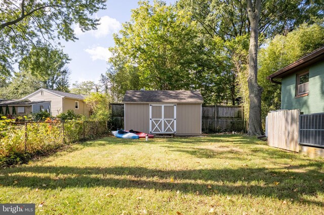 3734 1st Ave, Edgewater, MD 21037 - view of yard featuring central AC, an outdoor structure, a fenced backyard, and a storage shed