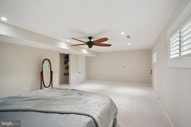 bedroom featuring recessed lighting, baseboards, visible vents, and light carpet