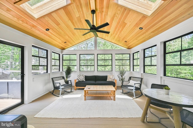 sunroom with wooden ceiling, wood finished floors, and lofted ceiling with skylight