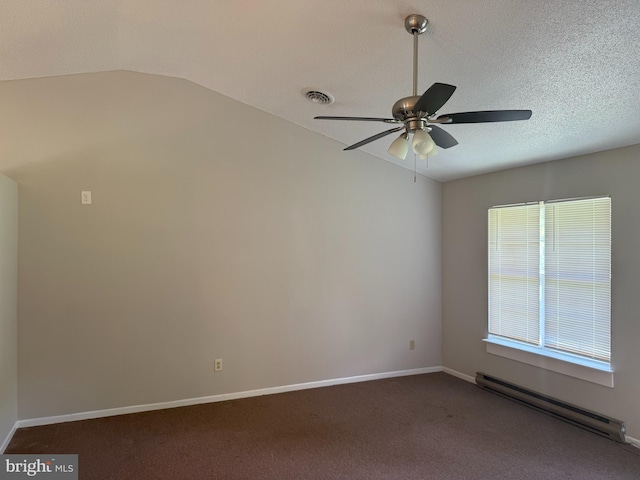 8135 Burnt Branch Dr, Salisbury, MD 21801 - unfurnished room featuring a baseboard radiator, a ceiling fan, vaulted ceiling, baseboards, and carpet floors