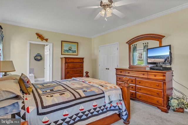 33 Douglas St, Reedville, VA 22539 - bedroom with ornamental molding, a ceiling fan, carpet flooring, and ensuite bathroom