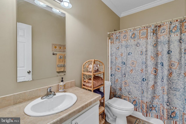 33 Douglas St, Reedville, VA 22539 - full bath with curtained shower, toilet, crown molding, and vanity