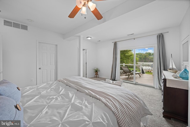 carpeted bedroom with visible vents, ceiling fan, and access to outside