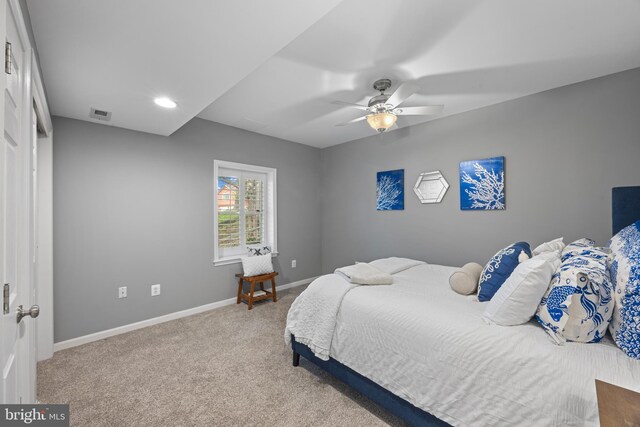 carpeted bedroom featuring recessed lighting, a ceiling fan, visible vents, and baseboards