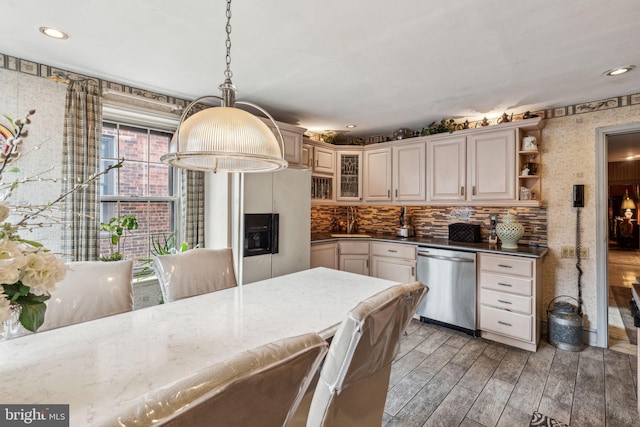 2217 Locust St, Philadelphia, PA 19103 - kitchen featuring stainless steel dishwasher, open shelves, a sink, light wood-type flooring, and refrigerator with ice dispenser
