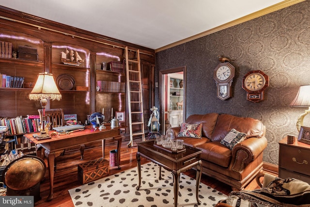 2217 Locust St, Philadelphia, PA 19103 - office with wood finished floors, ornamental molding, and wallpapered walls