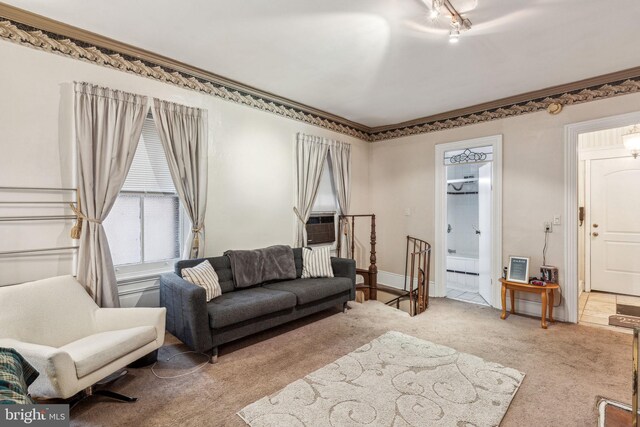 2217 Locust St, Philadelphia, PA 19103 - carpeted living area featuring crown molding