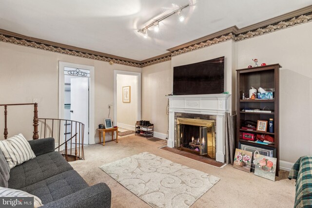 2217 Locust St, Philadelphia, PA 19103 - carpeted living area with track lighting, baseboards, and a fireplace with flush hearth