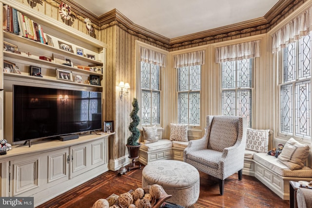 2217 Locust St, Philadelphia, PA 19103 - sitting room featuring dark wood-style flooring and crown molding