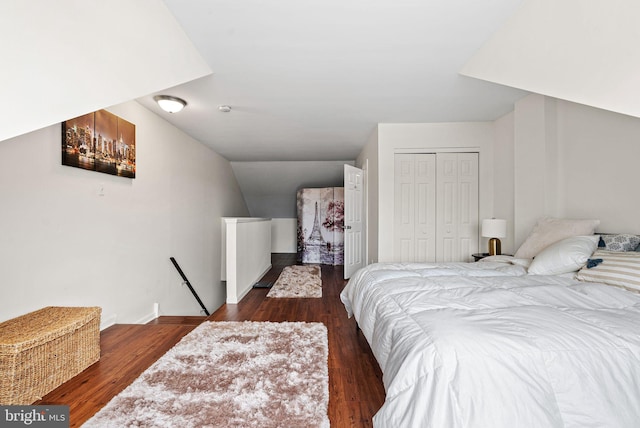 bedroom with wood finished floors and a closet
