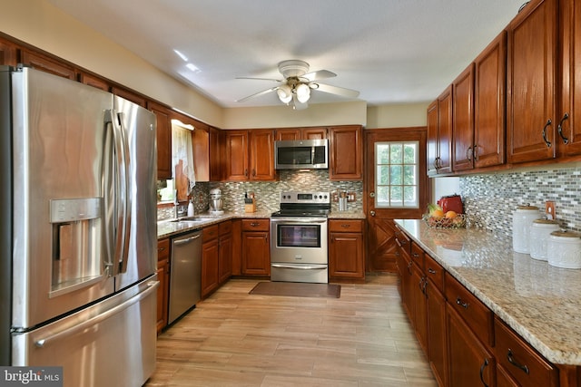 3703 Spruce St, Bristol, PA 19007 - kitchen with a ceiling fan, a sink, decorative backsplash, and appliances with stainless steel finishes