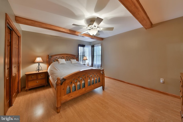 3703 Spruce St, Bristol, PA 19007 - bedroom with a ceiling fan, beamed ceiling, baseboards, and light wood finished floors