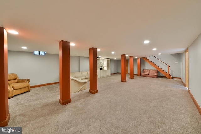 3703 Spruce St, Bristol, PA 19007 - finished below grade area featuring carpet flooring, recessed lighting, baseboards, and stairs