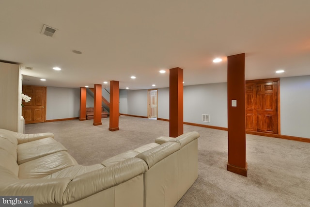 3703 Spruce St, Bristol, PA 19007 - living room with light colored carpet, recessed lighting, baseboards, and visible vents