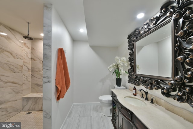 3703 Spruce St, Bristol, PA 19007 - bathroom with a walk in shower, baseboards, vanity, toilet, and recessed lighting